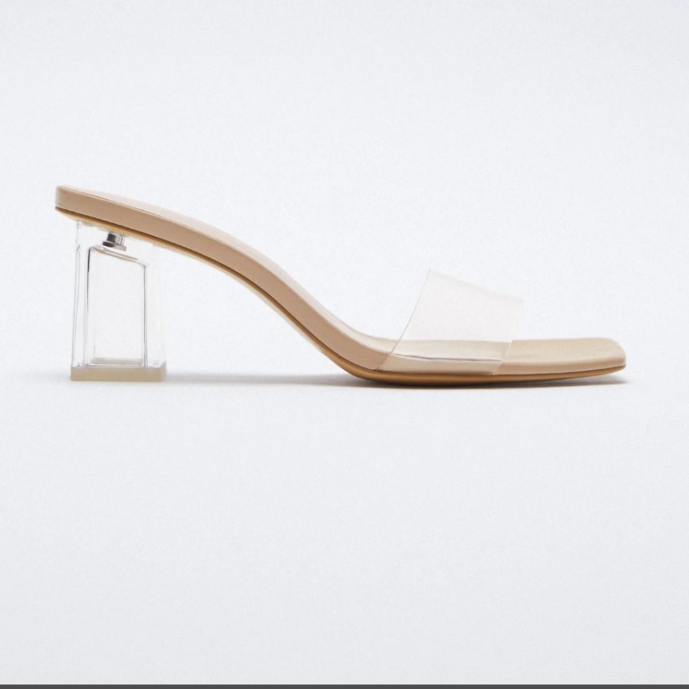 Zara Nude Clear Strap Mule Sandals with Transparent Block Heel